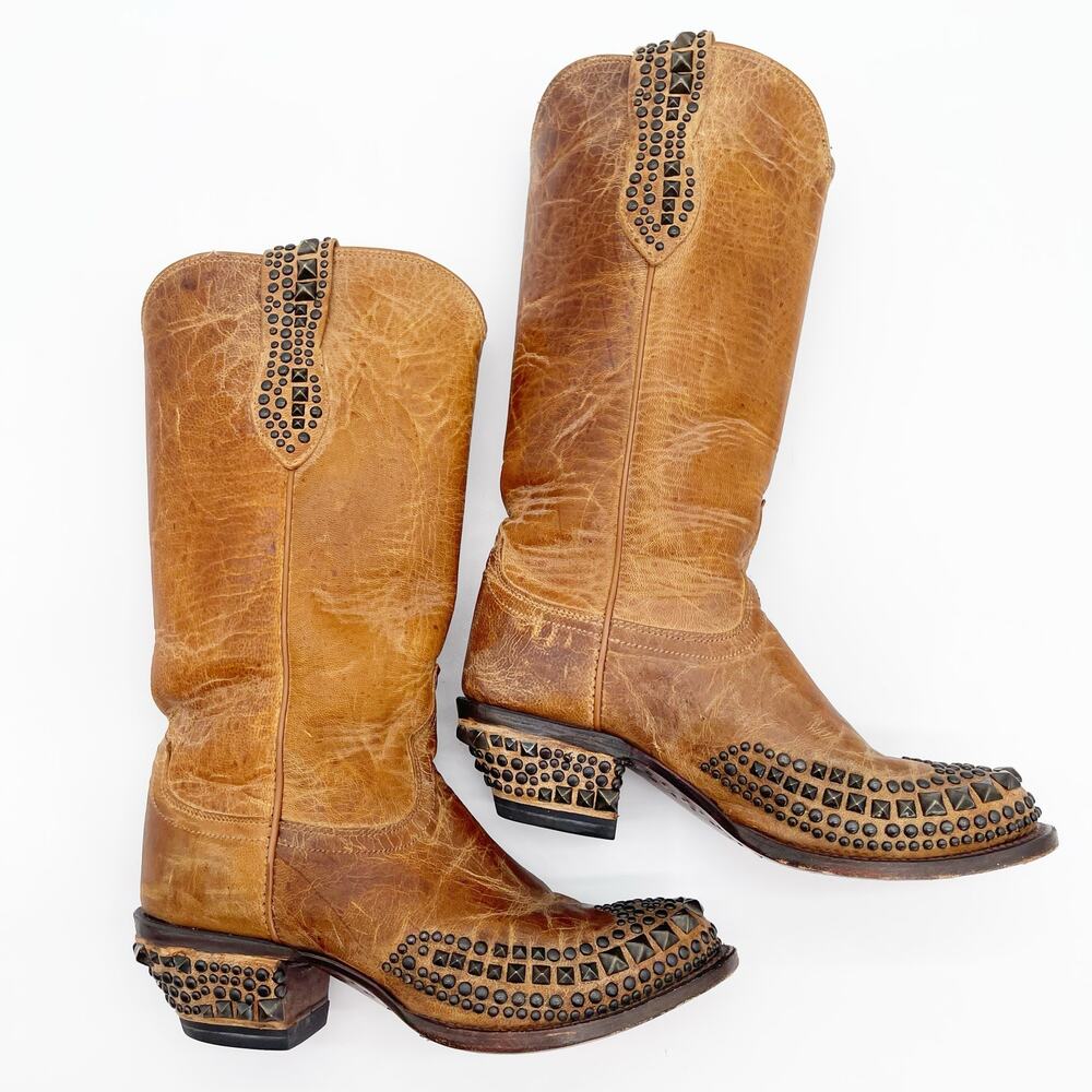 Lucchese Tan Studded Leather Heeled Cowboy Boots - Picture 3 of 11